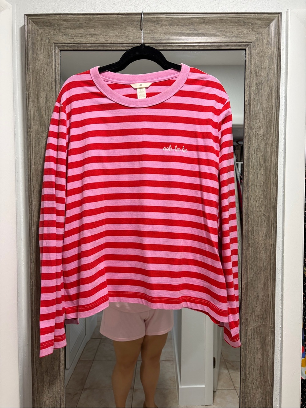 H&M Pink & Red Striped Long Sleeve Embroidered T-shirt